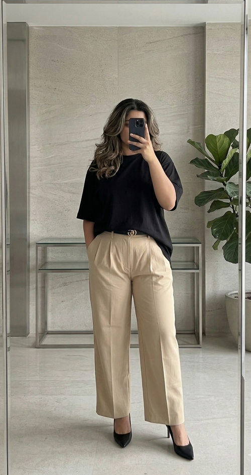 Bamboo Cotton Oversized T-Shirt with beige pants