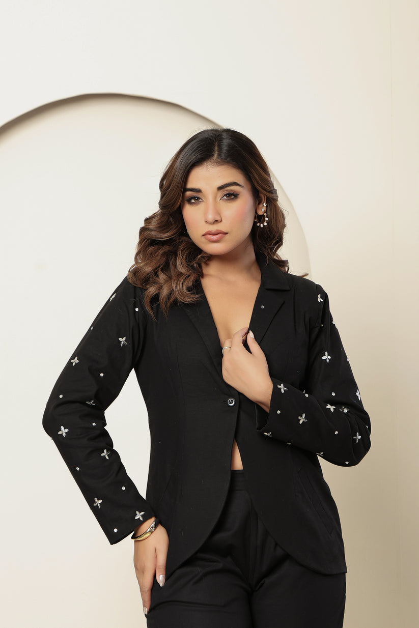 Embellished Black Linen-Cotton Blazer, Waistcoat & Pant Set