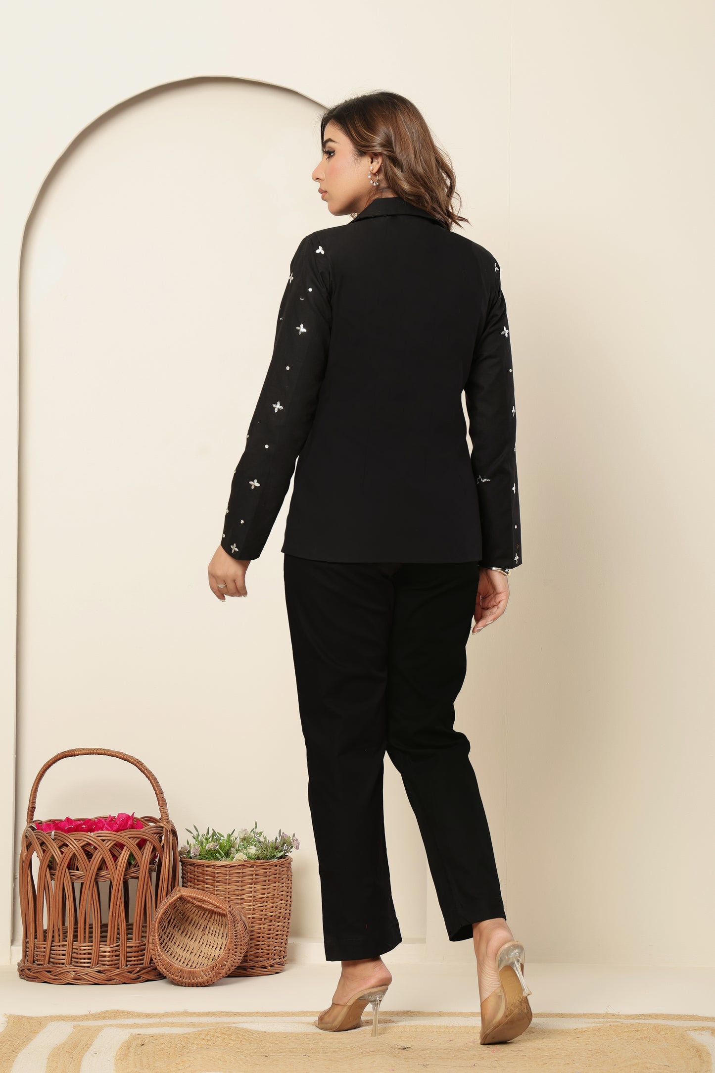 Black Linen-Cotton Embellished Blazer & Pant Co-ord Set | Power Dressing for Modern Women