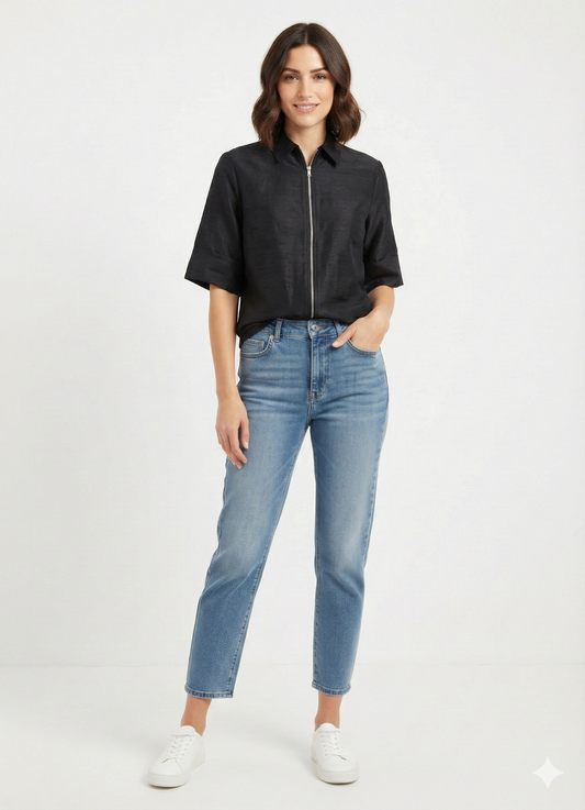 Women’s Raw Silk Zipper Shirt Top | Luxe Shine | Stylish Folded Sleeves