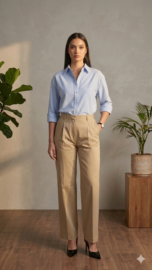 Azure Bloom Oversized Cotton Shirt with Beige Pants – Workwear with Premium Finish