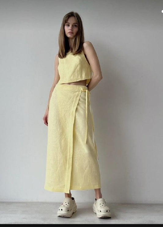 Butter Yellow Linen Cotton Co-ord Set – Sustainable Sleeveless Top & Midi wrap Skirt for Women (Copy)