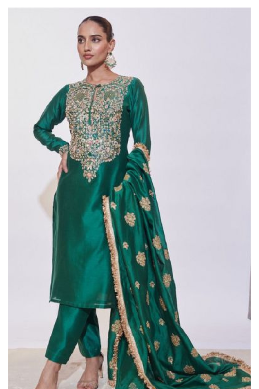 Emerald Green Silk Kurta Set with Zari, Sequins & Cut Dana Hand Embroidery and Heavy Dupatta | Satvik Style