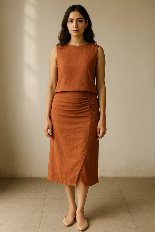 "Rust Linen Co-ord Set for Women | Sleeveless Crop Top & Slit Midi Skirt – Summer Occasionwear"