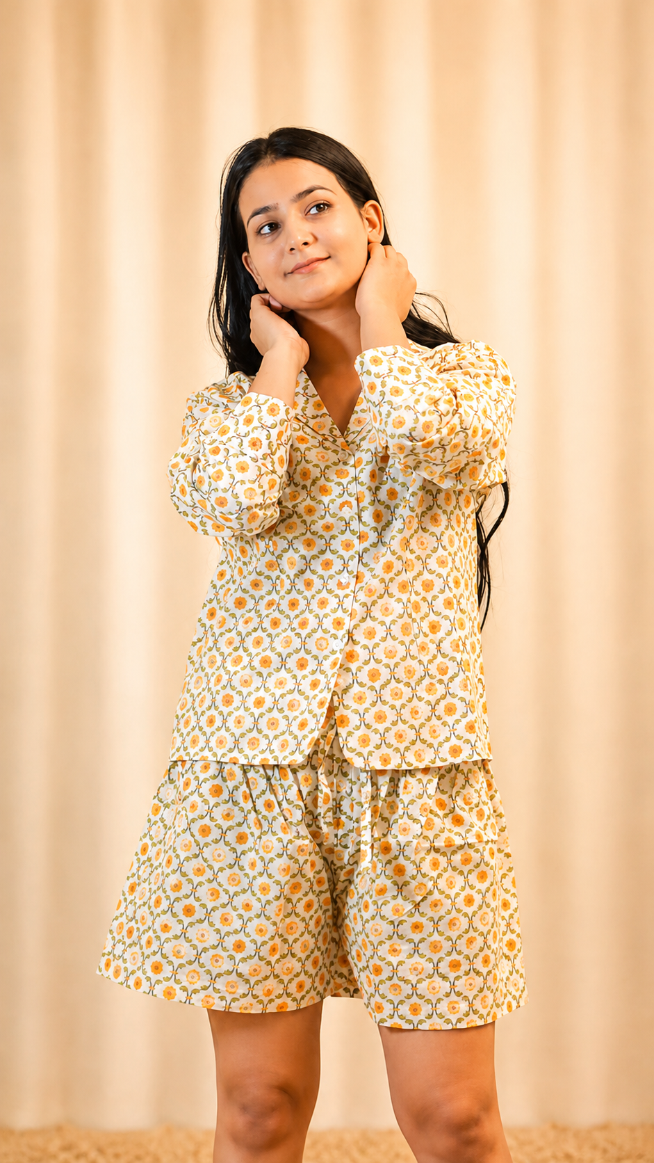 The 'Amber' Handblock Print Lounge Set | Cotton shorts set