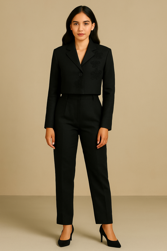 Midnight Petal – Black Linen Power Suit with Floral Embroidery