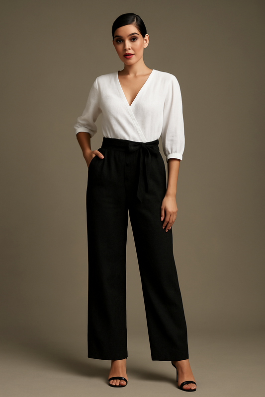 Women's White & Black Linen Wrap Jumpsuit with Belted Waist