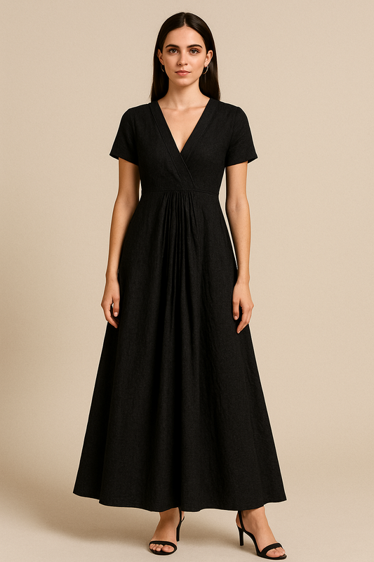 Linen A-Line V-Neck Maxi Dress – Pleated Fit & Flare Summer Wear