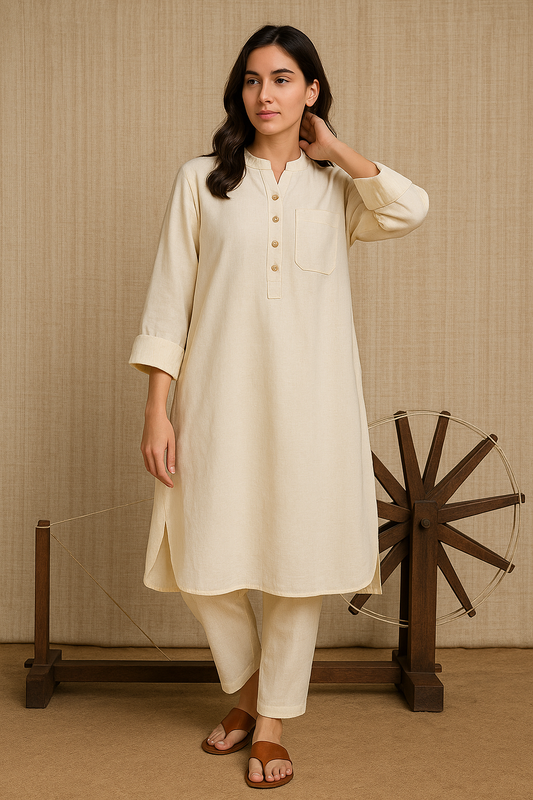 Sustainable Handloom Khadi Kurta Pant Set for Women – Natural Beige