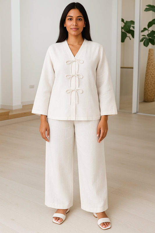 Pure Ease – Women’s White Linen Co-ord with Ties