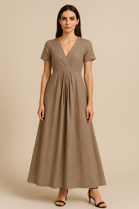 Linen A-Line V-Neck Maxi Dress – Pleated Fit & Flare Summer Wear
