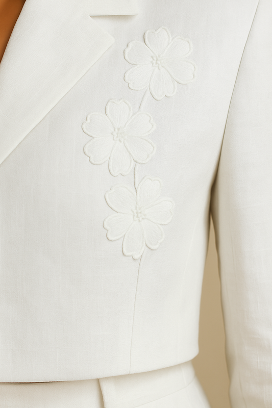 Petal Grace – White Linen Co-ord power suit Set with Tonal Floral Embroidery Cropped Blazer