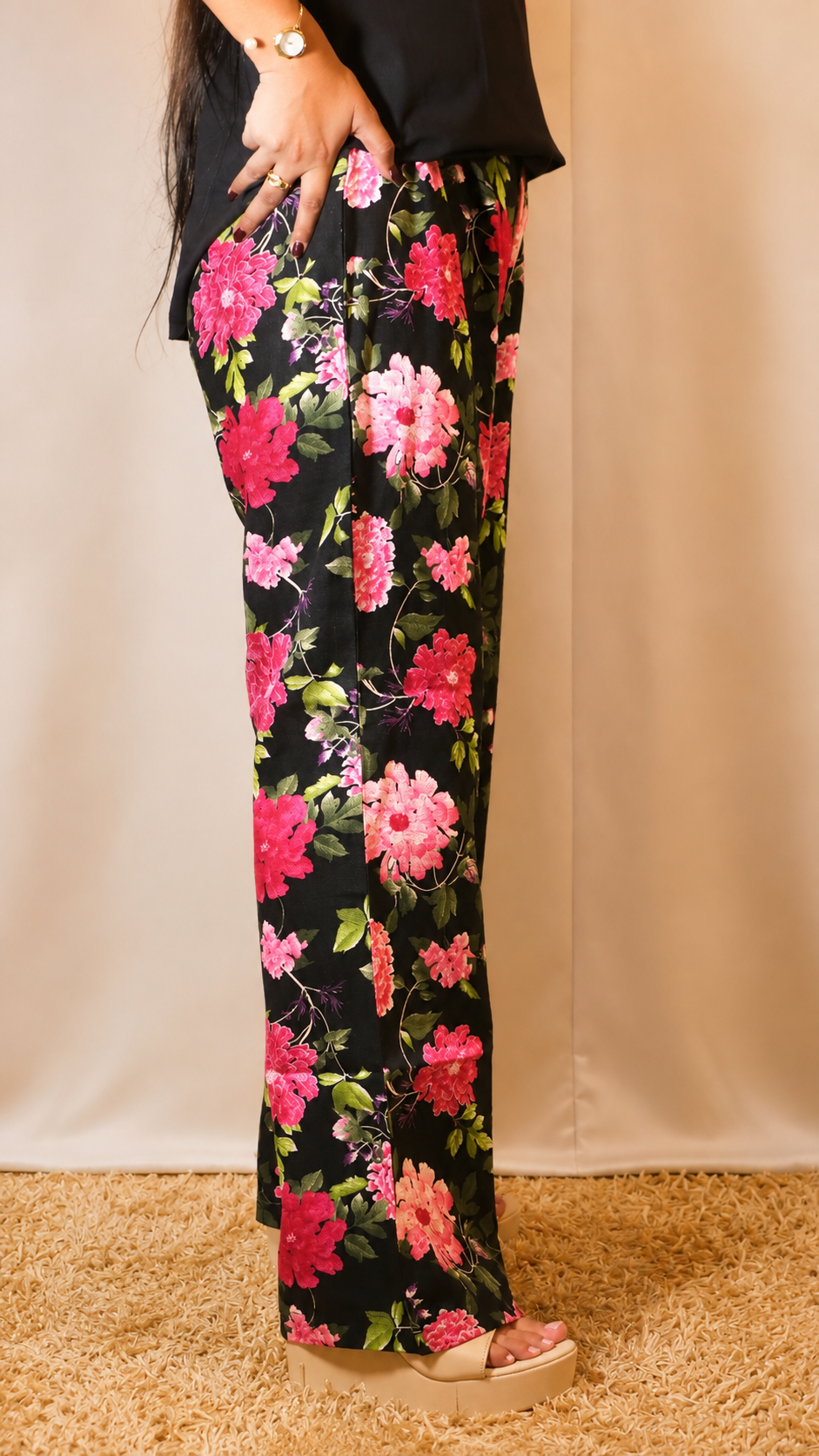 Floral Linen-Cotton Straight Pants