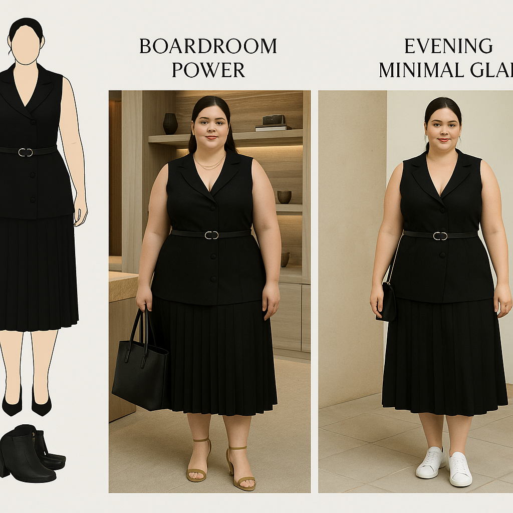 Black Linen Waistcoat & Pleated Skirt Co-ord Set – Elegant Plus Size Fit – Plus Size Friendly