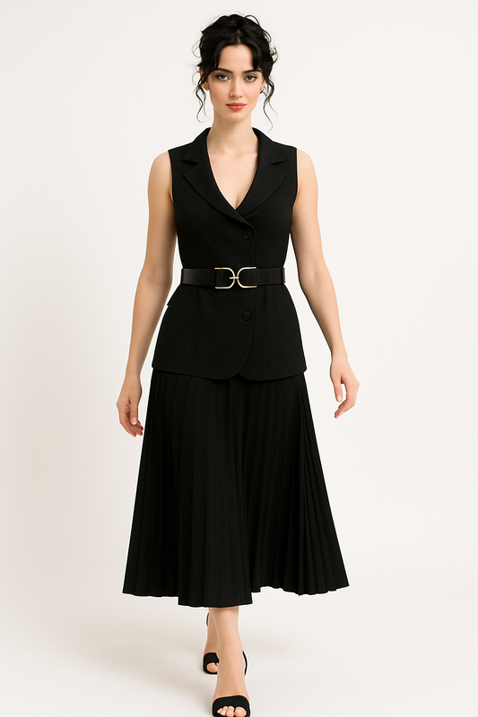 Black Linen Waistcoat & Pleated Skirt Co-ord Set – Elegant Plus Size Fit – Plus Size Friendly