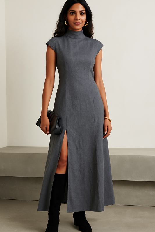 Charcoal Grace – High Neck Linen Maxi Dress for Evening Dinners & Semi-Formal Events