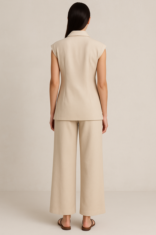 “Beige Sculpted Overlap Set – Soft Banana Crepe Co-ord with Collar Detail”