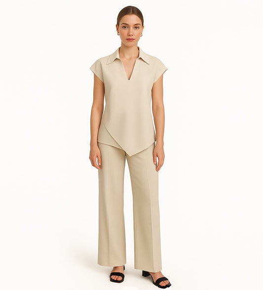 “Beige Sculpted Overlap Set – Soft Banana Crepe Co-ord with Collar Detail”