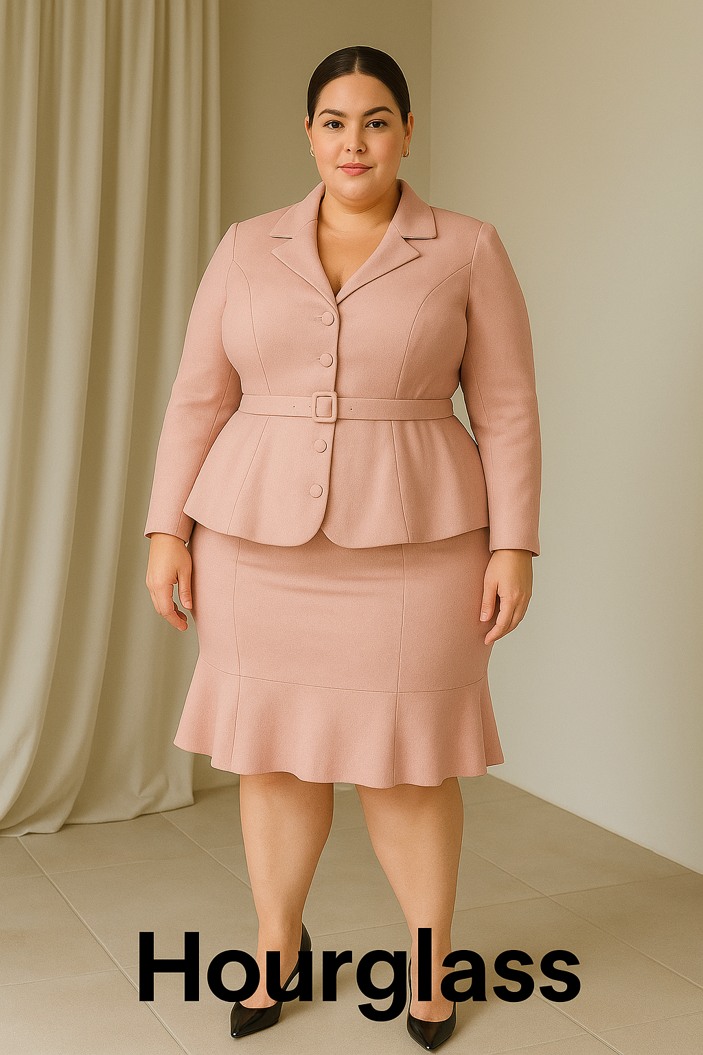 "Blush Pink Tailored Skirt Suit – Women's Peplum Blazer Set for Work & Formal Occasions"