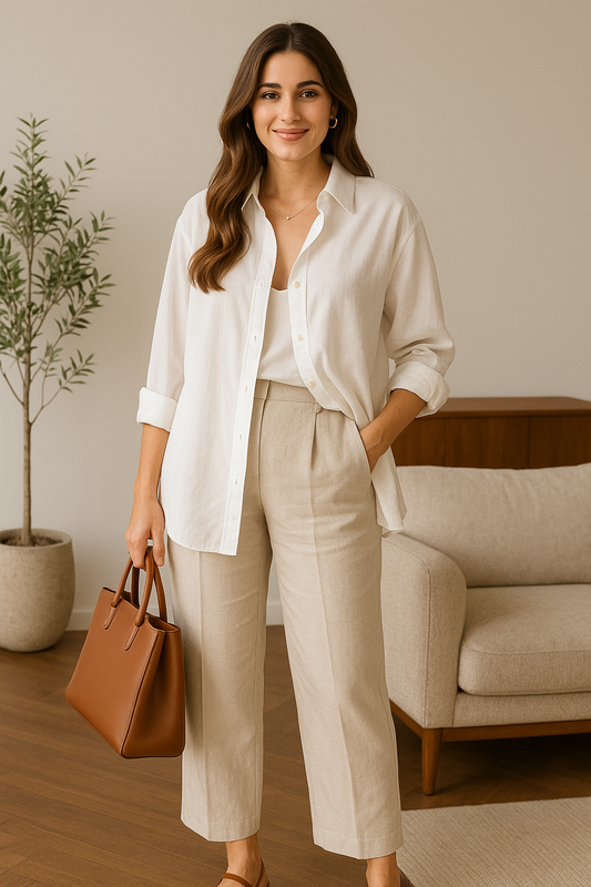Oversized White Linen Shirt with Beige Trousers – Minimal Chic Set