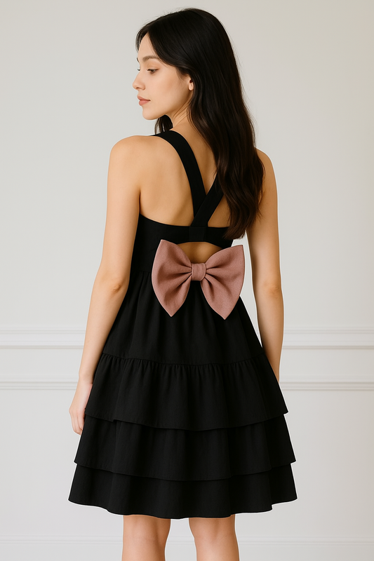 Black Cotton Tiered Back Bow Dress – Fit & Flare | Knee Length