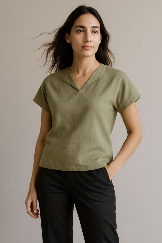 "Chic Linen Summer Top –  Folded V Neck Top"