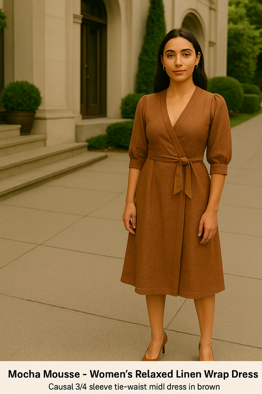 Mocha Mousse Linen Wrap Midi Dress – Sustainable Fit & Flare Style for Women