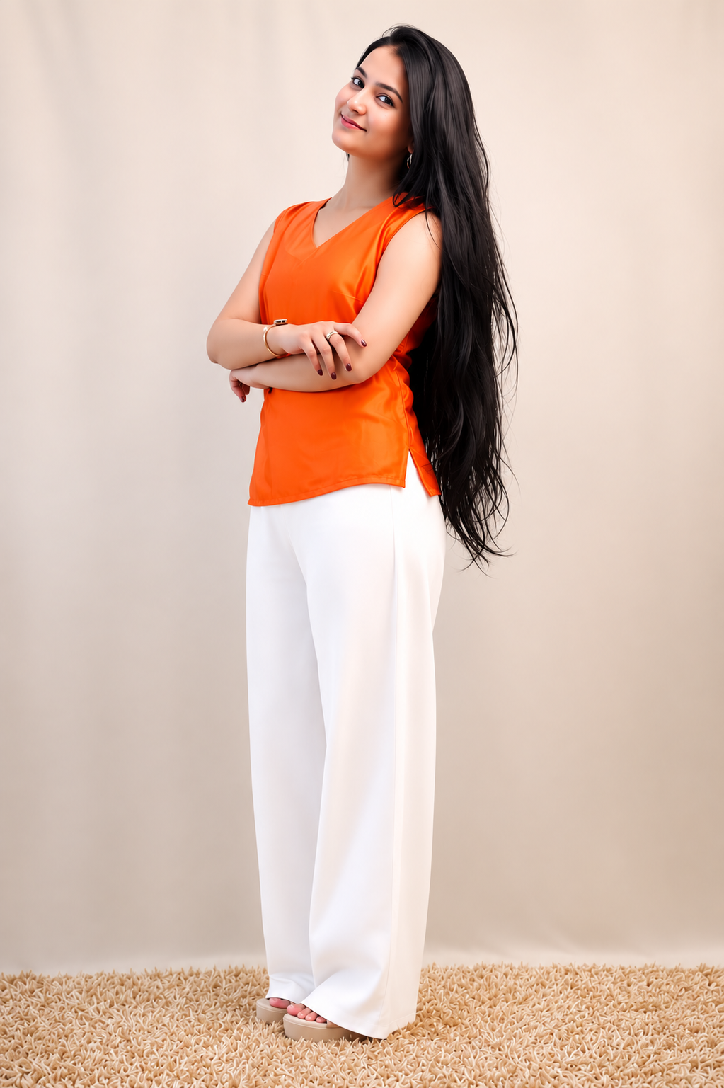 Sunkissed Orange Ombre Satin Top with White Linen Pants