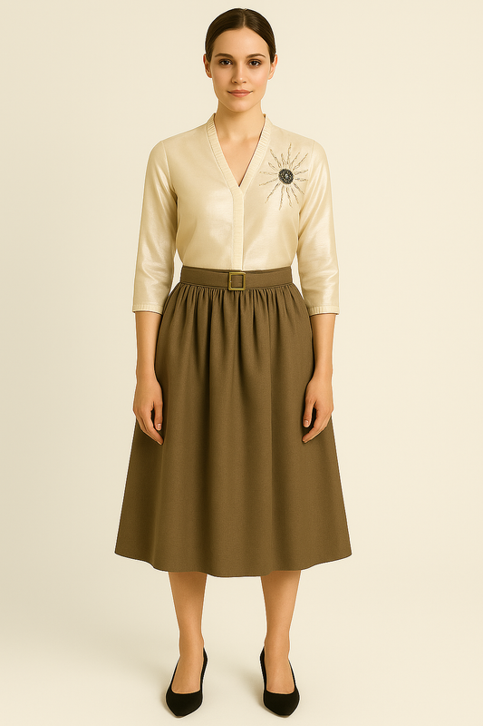 Golden Hour Chanderi Top & Giza Cotton Belted Skirt Set – Artisanal Elegance for Modern Professionals