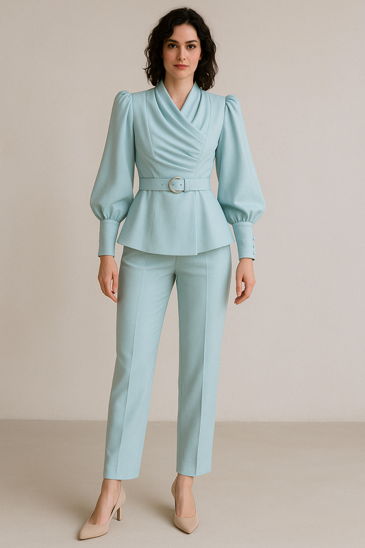 "Structured Linen Wrap Top & Trousers Co-ord for Curvy Body"
