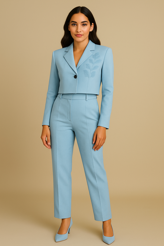 Azure Bloom – Women’s Blue Linen Embroidered Power Suit