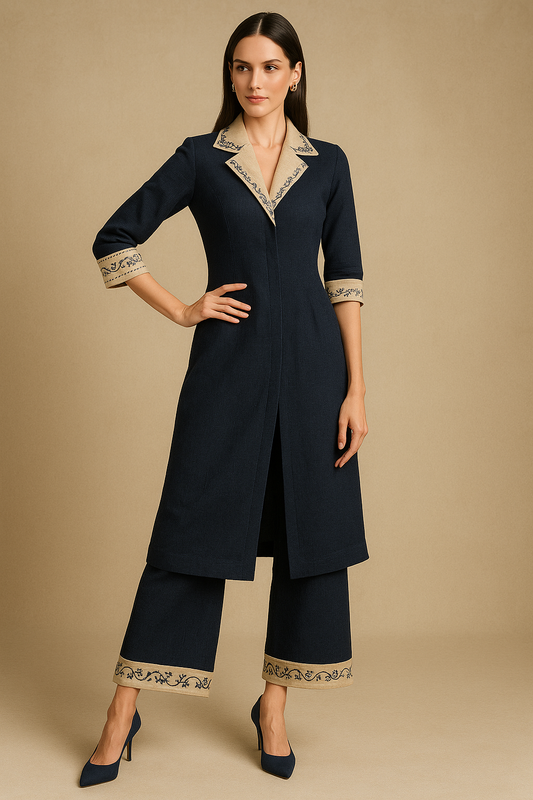 Navy Royale Handloom Cotton Co-ord Set – Luxury Ethnic Wear with Signature Embroidery