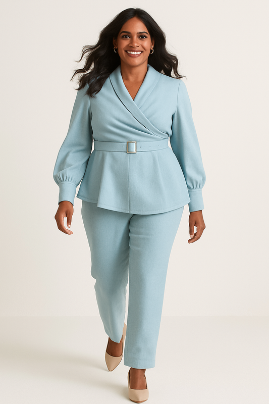 "Structured Linen Wrap Top & Trousers Co-ord for Curvy Body"