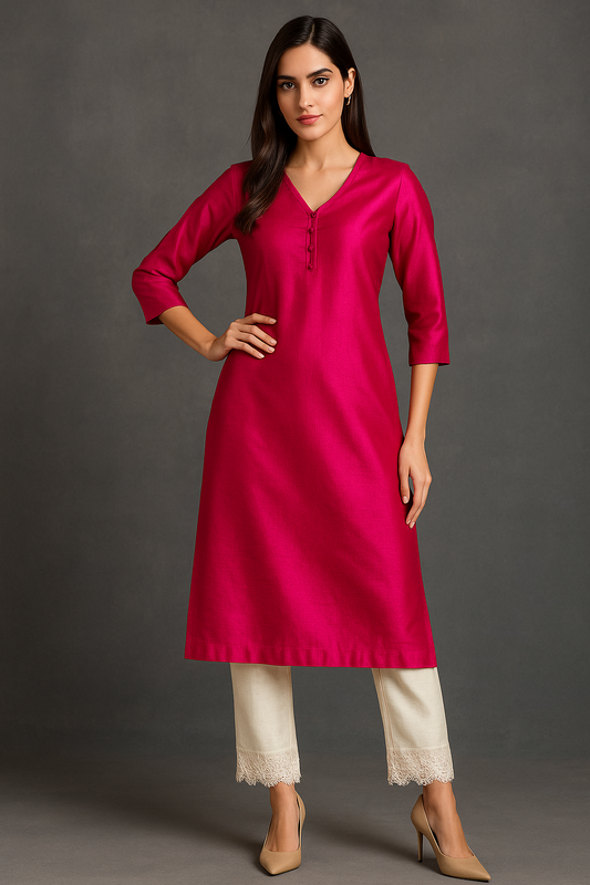 Fuchsia Chanderi Silk Kurta Set with Ivory Lace Pants | Satvik Style
