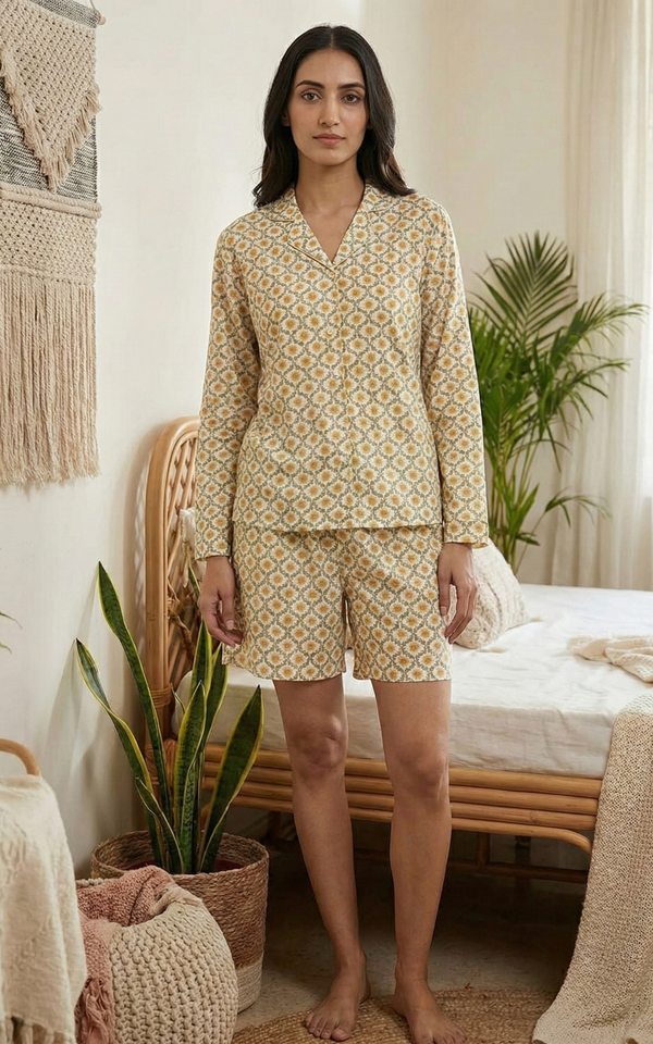 The 'Amber' Handblock Print Lounge Set | Cotton shorts set