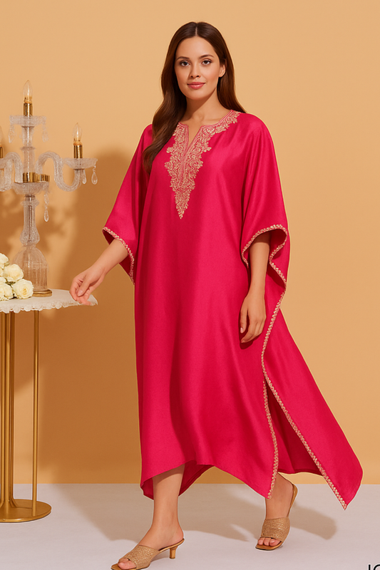 Hot Pink Silk Kaftan Set with Zari, Sequins & Cut Dana Hand Embroidery and Organza Dupatta | Satvik Style