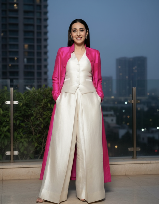 Celebrity Inspired Raw Silk Ivory Waistcoat Pant Set with Fuchsia Jacket – Luxe Raw Silk Ensemble
