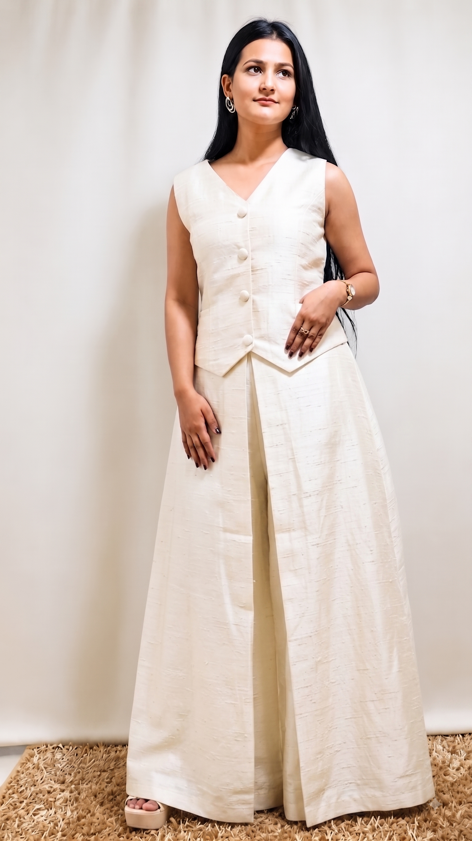 Soft Dupion Silk Ivory Waistcoat Pant Set with Fuchsia Jacket