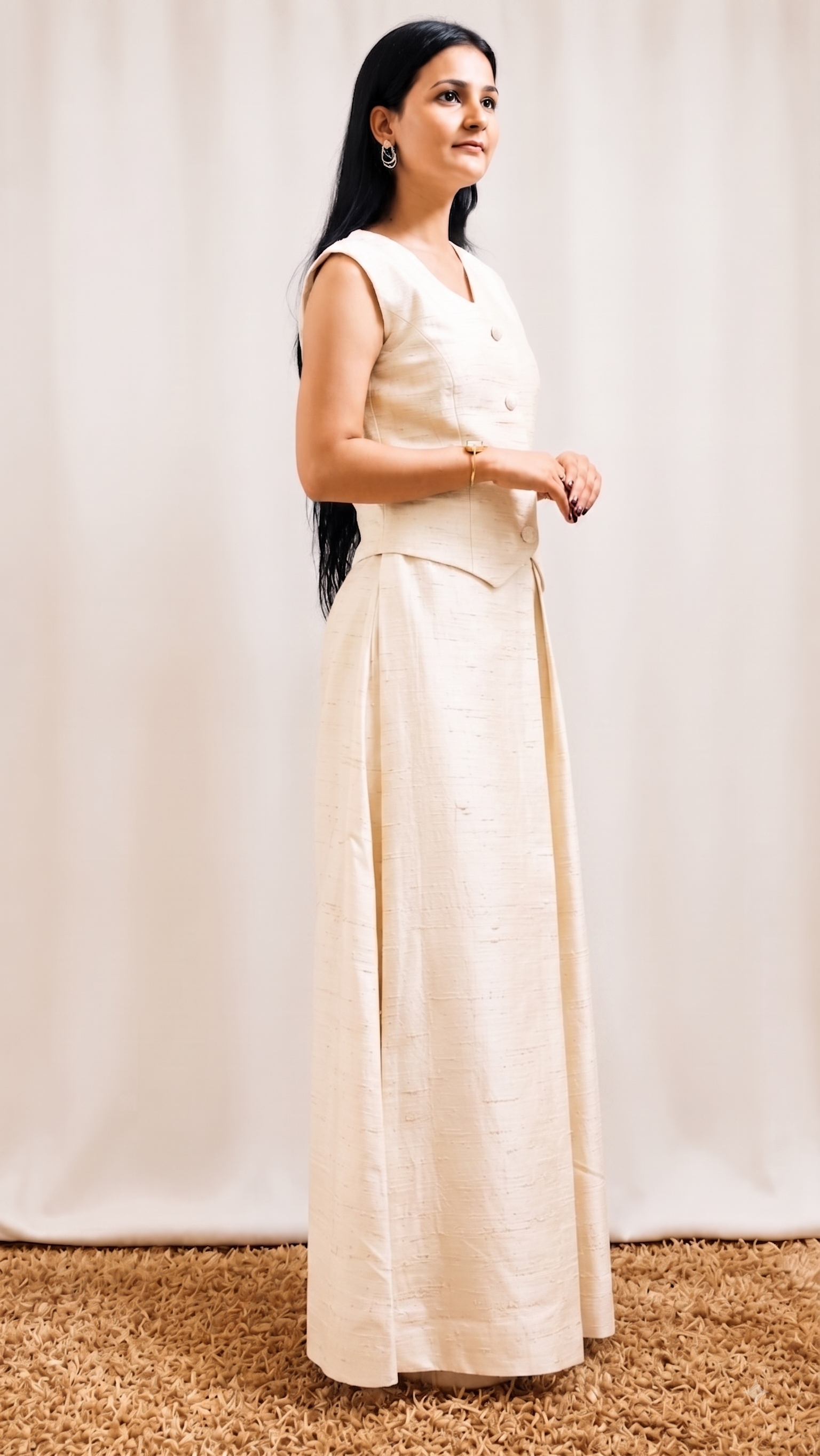 Soft Dupion Silk Ivory Waistcoat Pant Set with Fuchsia Jacket