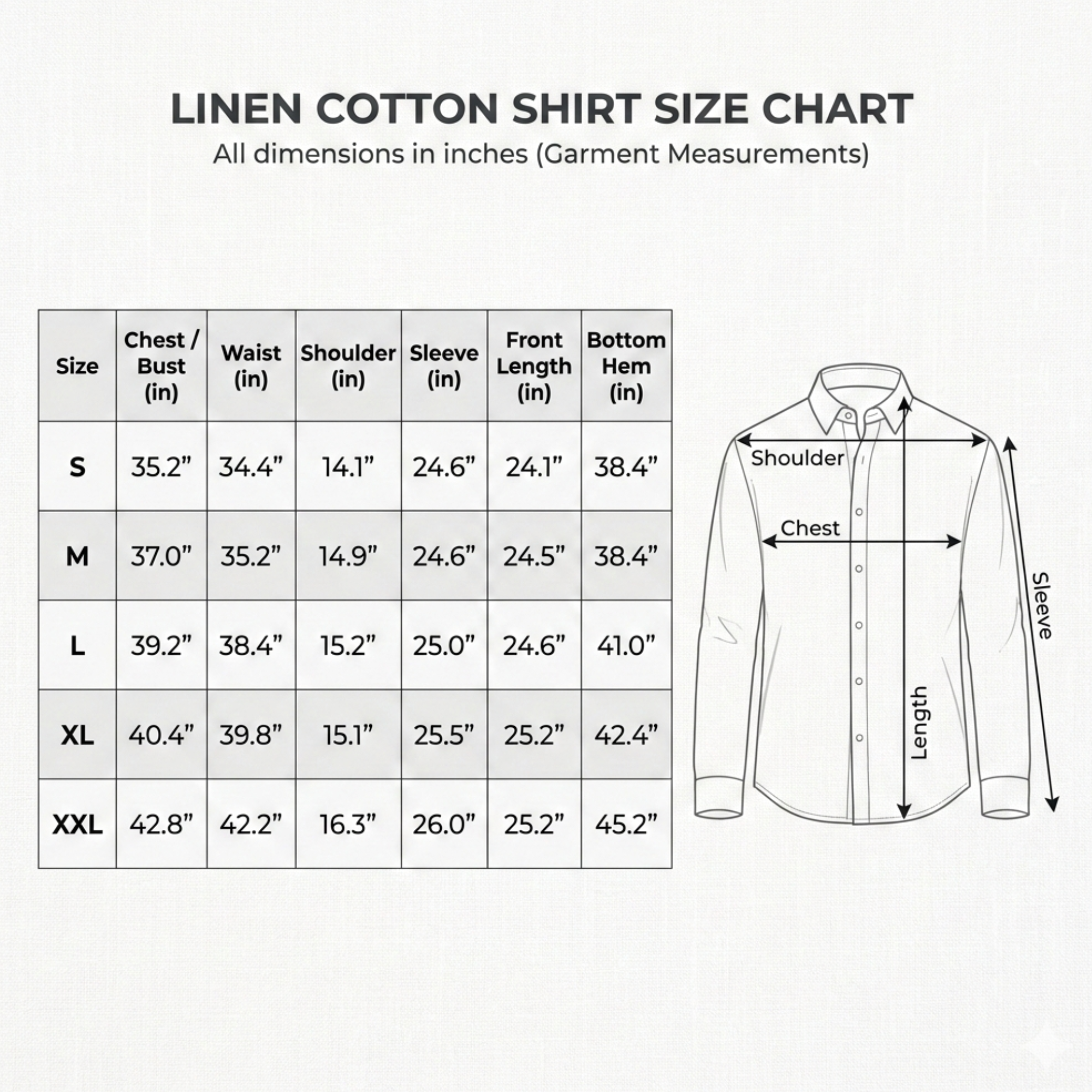 Linen cotton shirt size chart