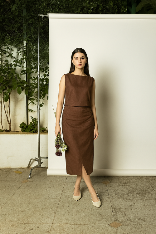 Mocha Mousse Linen Co-ord Set – Sustainable Sleeveless Top & Midi Skirt for Women