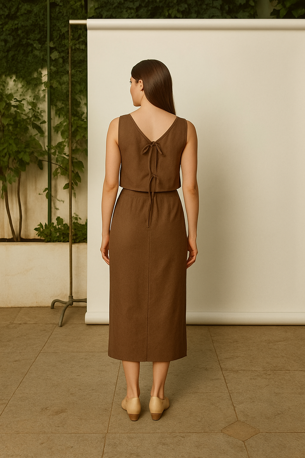 Mocha Mousse Linen Co-ord Set – Sustainable Sleeveless Top & Midi Skirt for Women