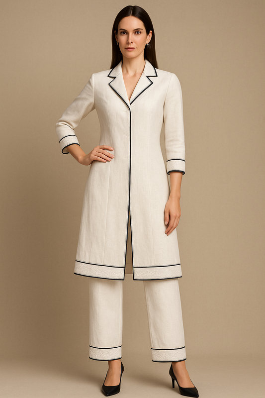 Off White Linen Cotton Co-ord Set – Luxury Ethnic Wear with Signature Embroidery