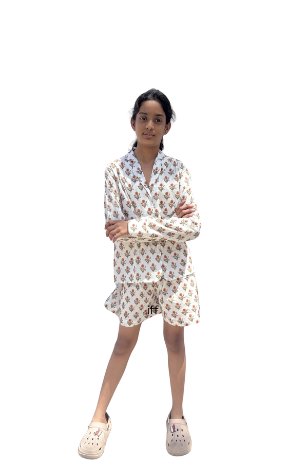 The 'Spring Bud' Handblock Print Cotton Lounge Set | Cotton shorts set