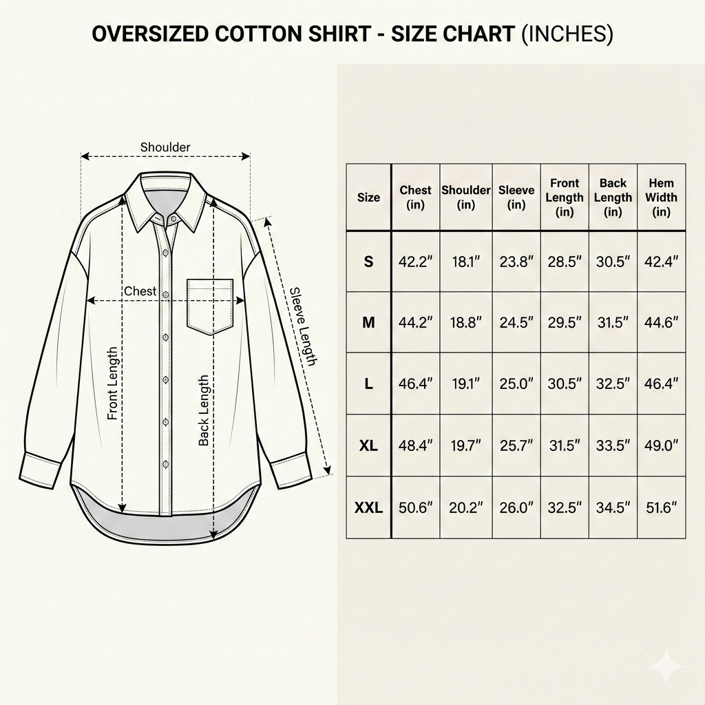 Oversized cotton shirt size chart