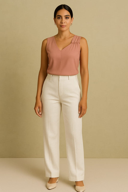 Women's Dusty Rose V-Neck Top & Cream High-Waist Straight Pants Co-ord Set