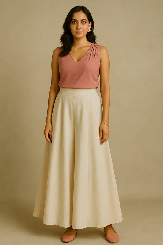 Dusty Rose V-Neck Linen Top & Cream Flared Linen wide leg pant Co-ord Set – Elegant Ethnic Fusion Wear