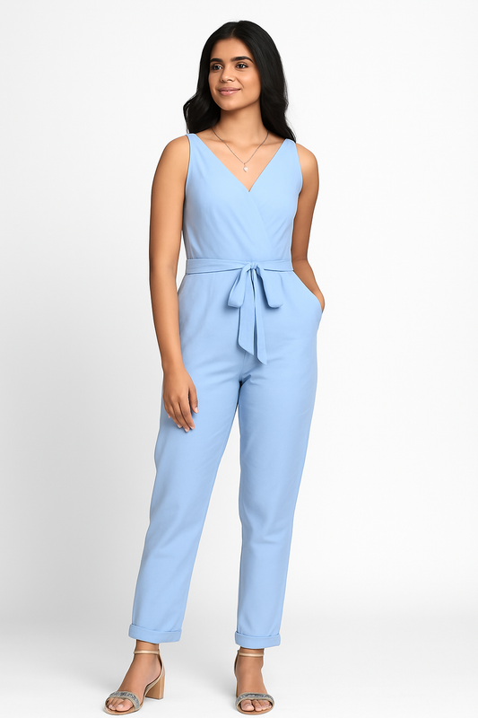 Women’s Light Blue Cotton Jumpsuit with Belted Waist