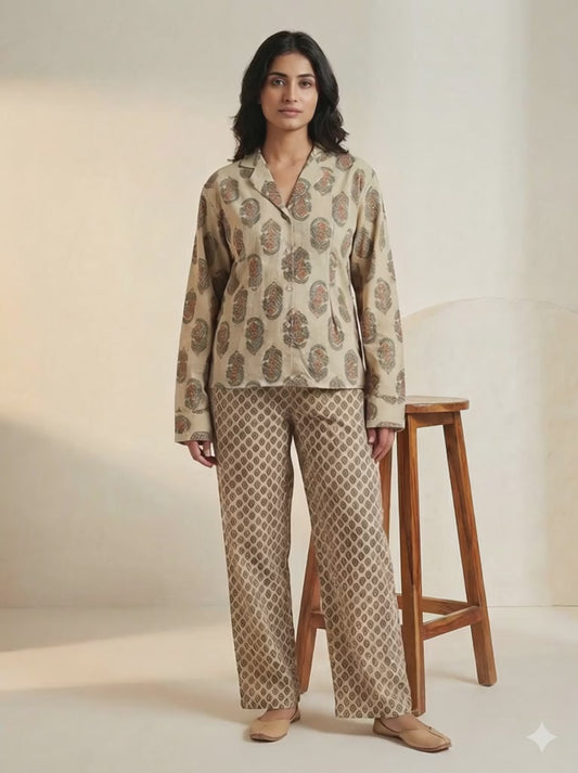 Beige & Earthy Handblock Print Pure Handloom Cotton Lounge Set | Women's Night Suit
