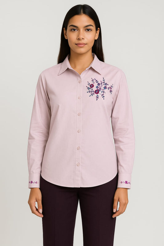 Azure Bloom Embroidered Cotton Shirt – Sky Blue Workwear with Delicate Detailing